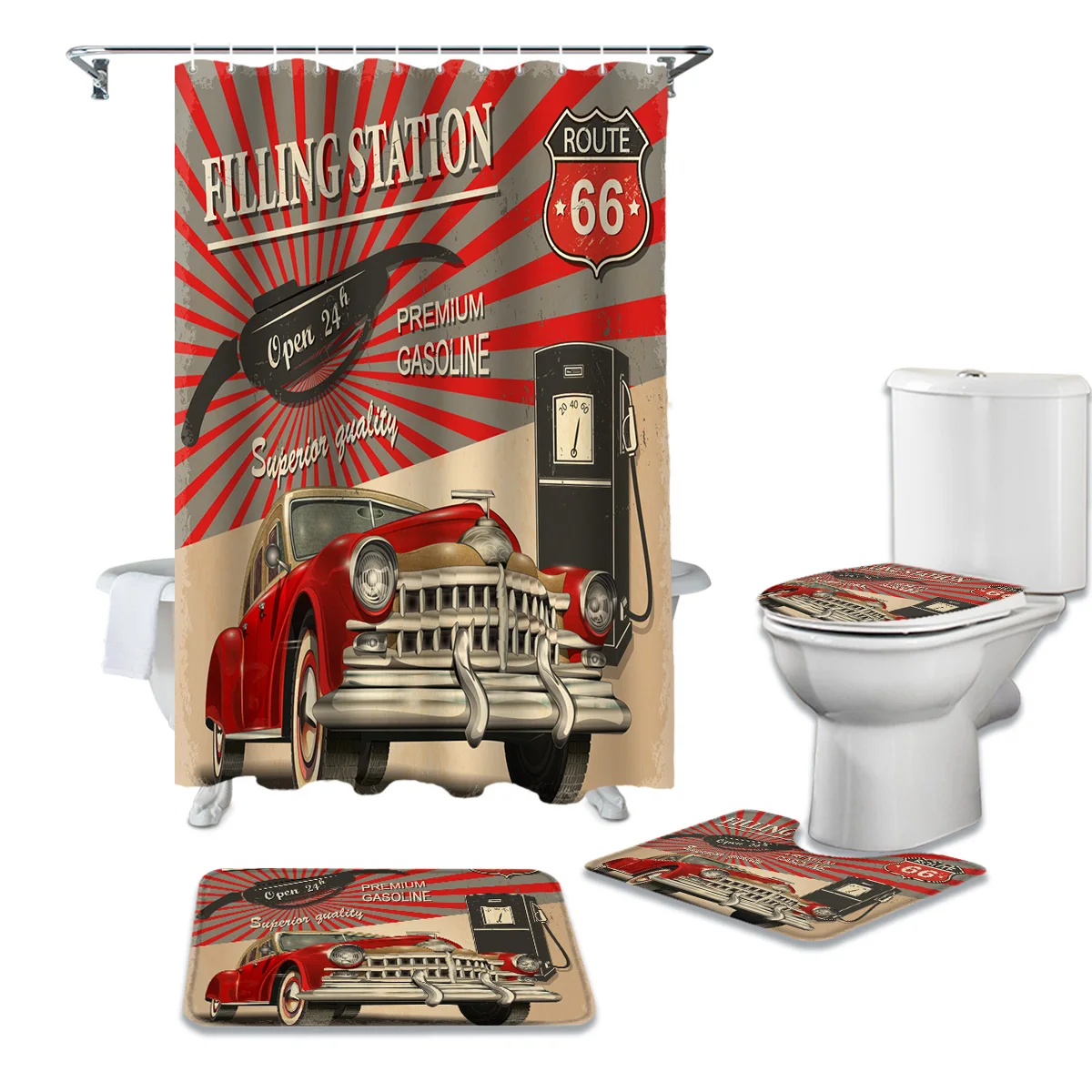 Retro Car Poster Route 66 Shower Curtain Sets Non-Slip Rugs Toilet Lid Cover and Bath Mat Waterproof Bathroom Curtains