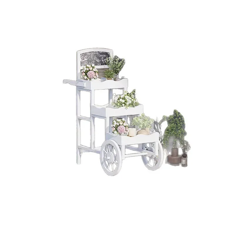 

Pastoral flower stand Solid wood cart shelf Balcony storage rack Shopping mall creative car Outdoor decoration large ornament