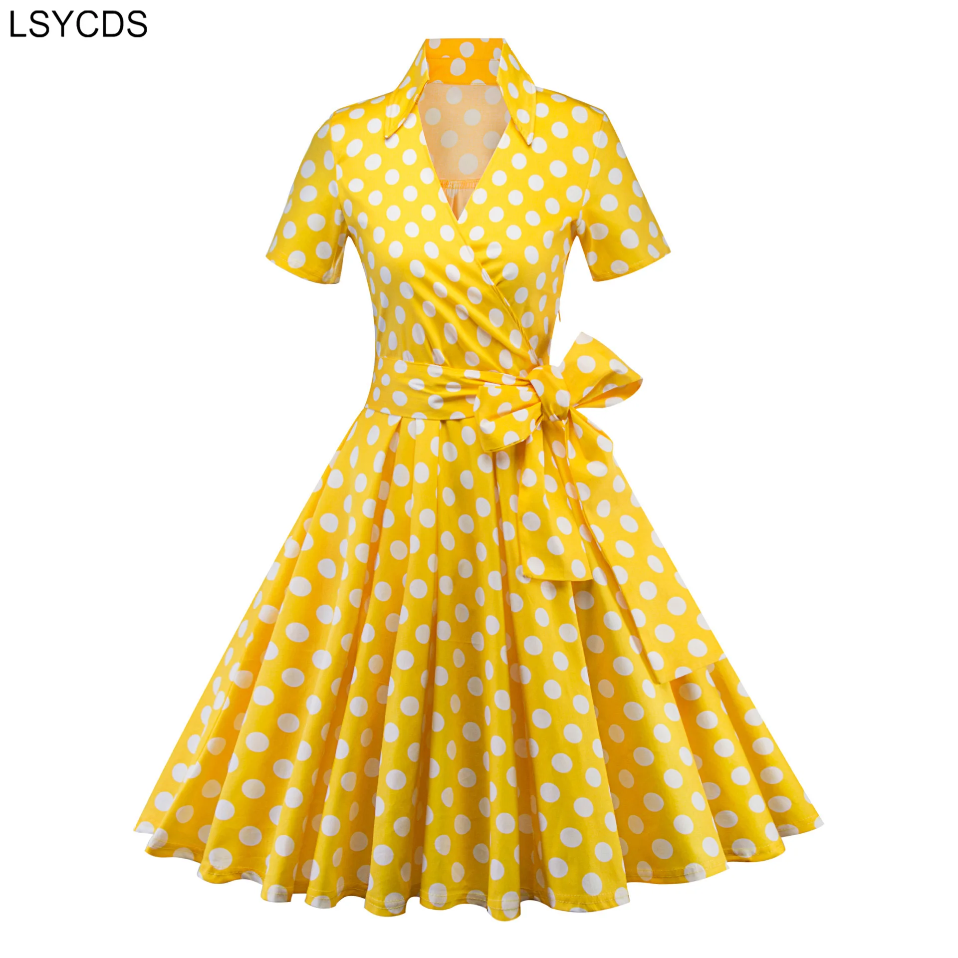 LSYCDS Women's Retro Polka Dot Dress Fashion Red Yellow Color Short Sleeve V Neck Belted A Line Summer Party 50s Vintage Dresses