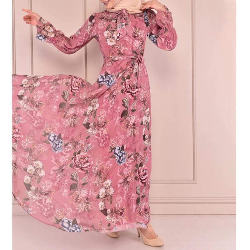 Muslim Africa Dresses For Women 2022 Bow Collar Abayas Floral Printed Micro Flare Sleeve Boho Long Robe Chiffon Temperament