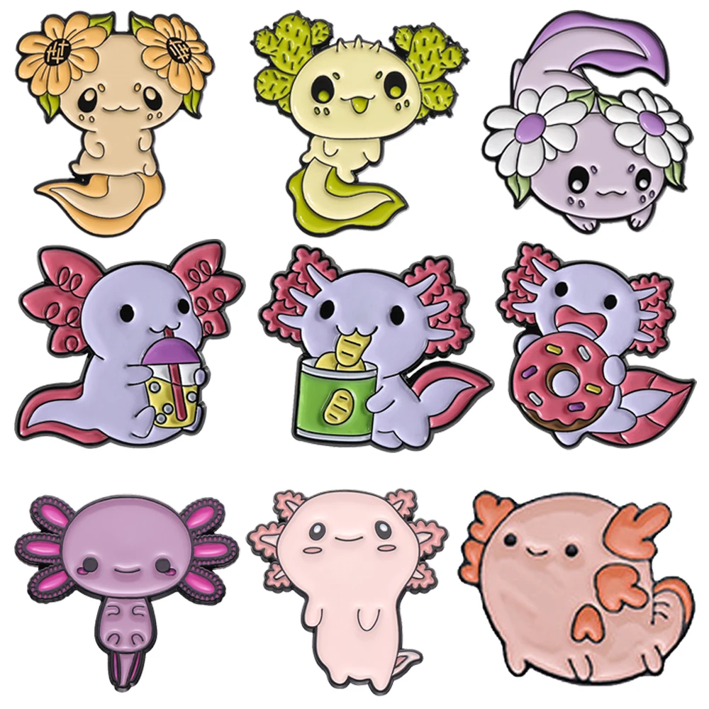 Cute Salamander Enamel Brooch Creative Giant Salamander Ice Cream Flower Marine Animal Lapel Pins Backpack Jewelry Gifts For Kid