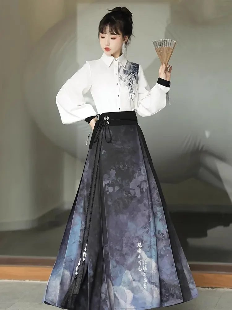 Shadow 오리지널 Ming Hanfu 여성용 중국 수묵 셔츠, 말 얼굴 스커트, 데일리 통근 세트 용수철, 신상 국가 스타일