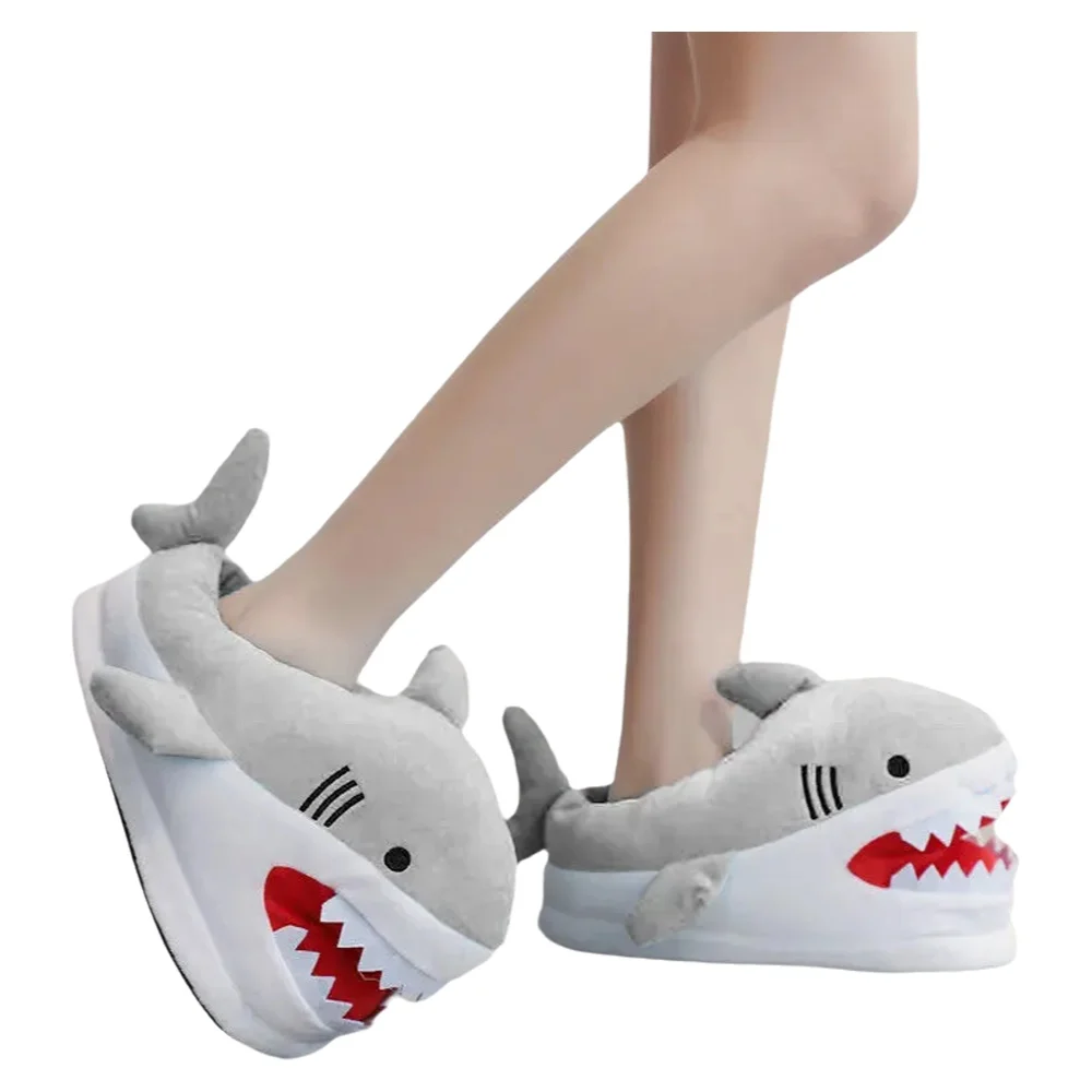 Nowy Unisex Winter Animal Shark Slides Indoor Furry Loafers Couples Grey Shark Slippers Home Warm Funny Slipper Plus size 44 45 — zdjęcie 2