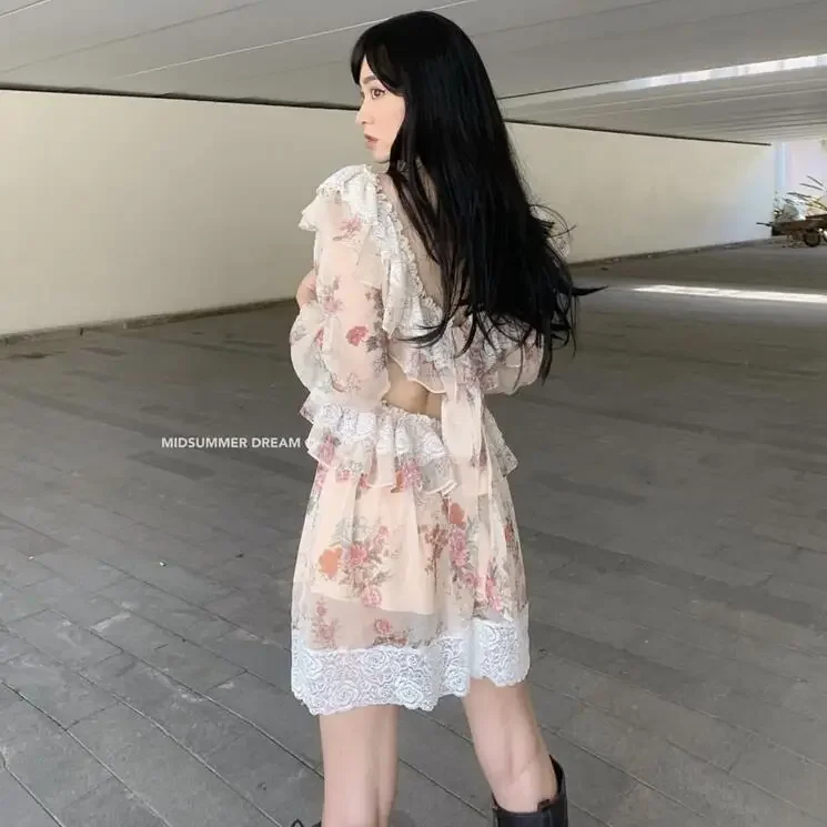 Gagarich Gentle Floral Print Lace Ruffles Splicing Hollow Out Dress Woman Elegant V-neck Puff Sleeve Back Tie Bow A-line Dresses