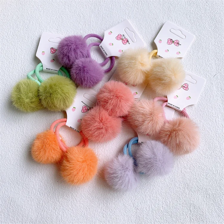 2pcs Furry Pompoms Balls Hair Scrunchies Women Children Girls Seamless Elastic Hair Bands Rubber Band Hair Accessories Headdress