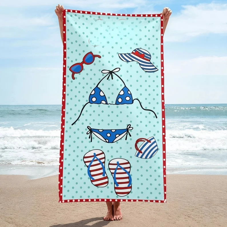 Cute Bikini & Beach Gear Print Beach Towel, Super Absorbent Quick Dry Microfiber Bath Towel, Polka Dot Design Bath Towel