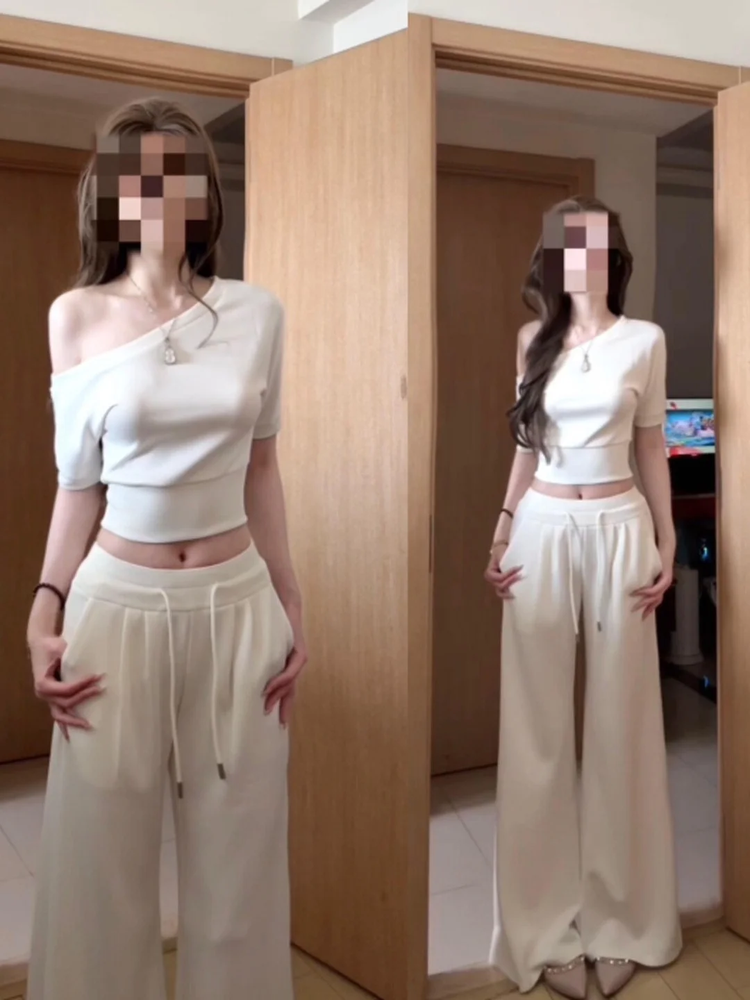 

Korean Design Shoulder Bared Casual Pants Two Piece Set Complete OOTD Summer 2026 Comfortable Short Sleeve T-Shirt High Waist...