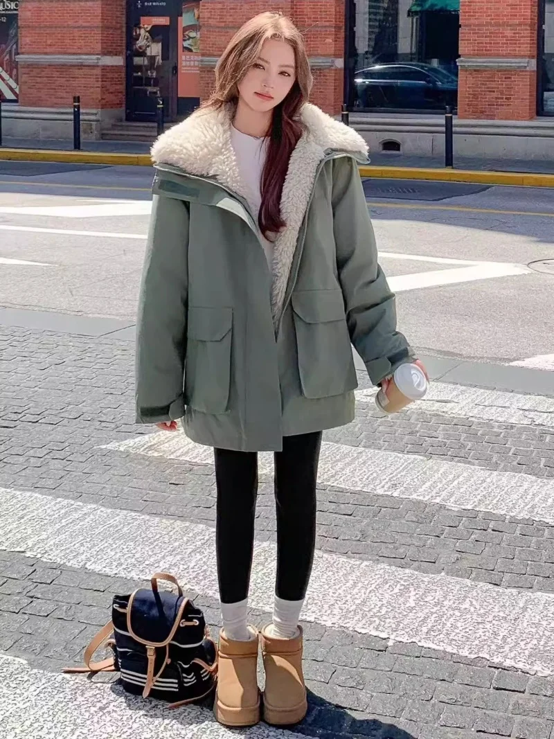 Lamb Fur Inner Lining Down Cotton Jacket For Women's Winter New Style Warmth Thick Coat Windbreaker Outerwear W1183