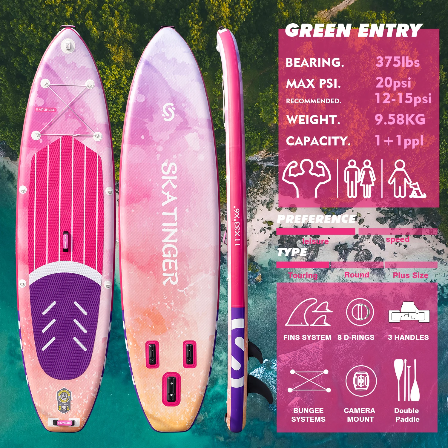 SKATINGER Inflatable Paddle Board 11'x33''x6'' for Adults Waterproof Standing Style SUP Board with Accessories for Aquatic Use
