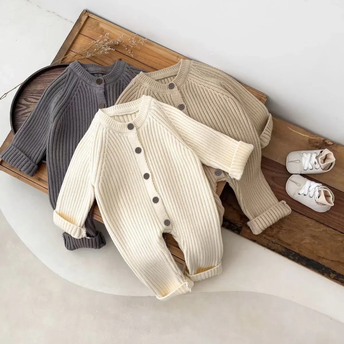 

0-18M Baby Girl & Boy Solid Color Knitted Romper - Button Front Ribbed Long Sleeve Casual Autumn Jumpsuit