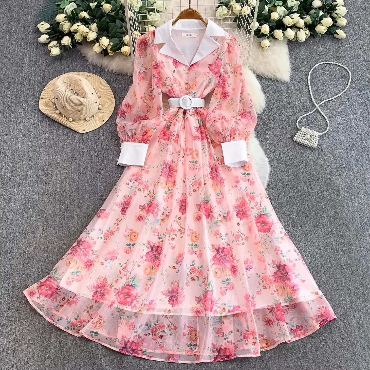 

Fashion Elegant Evening Formal Dress Women's V-Neck Floral Print Belt Button Long Party Robe Female Casual Chic Festival Clothin