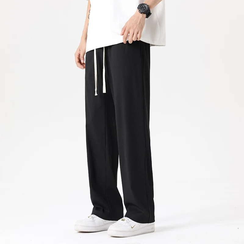 2025 جديد الحرير الجليد سراويل تقليدية الرجال ربيع الخريف نمط جديد قلادة الطابق بنطلون الذكور مستقيم أنبوب فضفاض واسعة الساق بنطلون