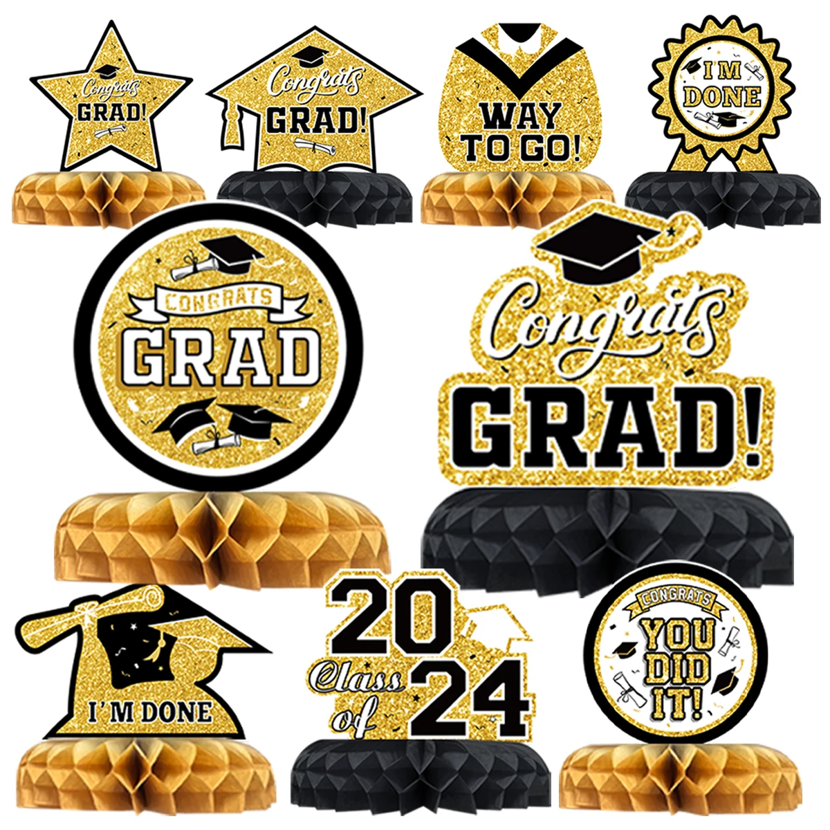 9pcs/Set Graduation Theme Party Decoration Class of 2024 Congrats Grad Table Centerpiece Graduation Honeycomb Table Toppers