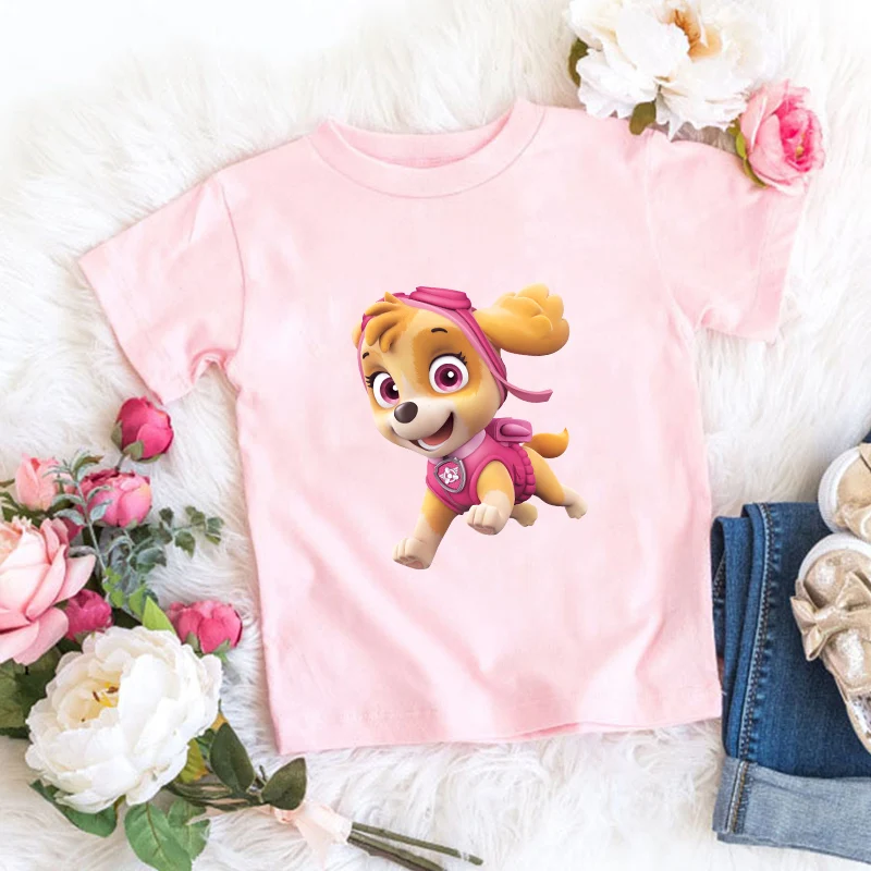 Paw Patrols Girl T Shirt Pink Cartoon Skye Short Sleeve Tops Summer Kids Korean Clothes Baby Casual Tees Cute Birthdays Gifts