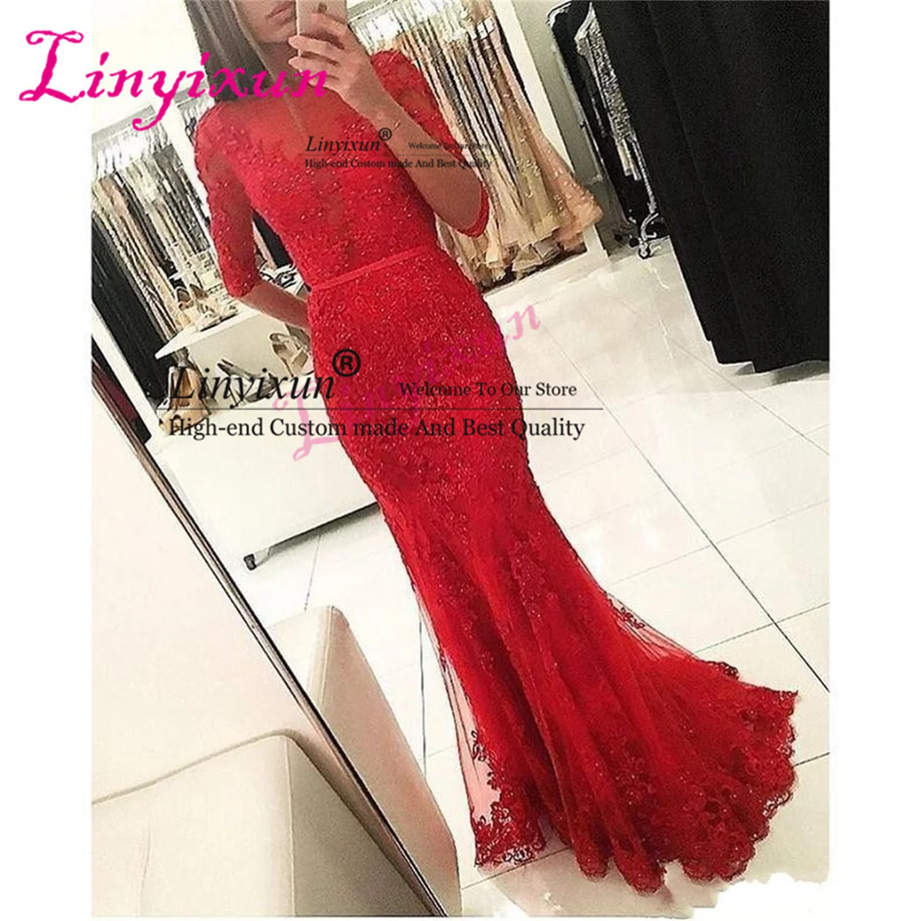 

Sexy Lace Mermaid Prom Dresses Half Sleeves Tulle Appliques Beaded Formal Evening Party Gowns Sheer Court Train Robe de Soiree