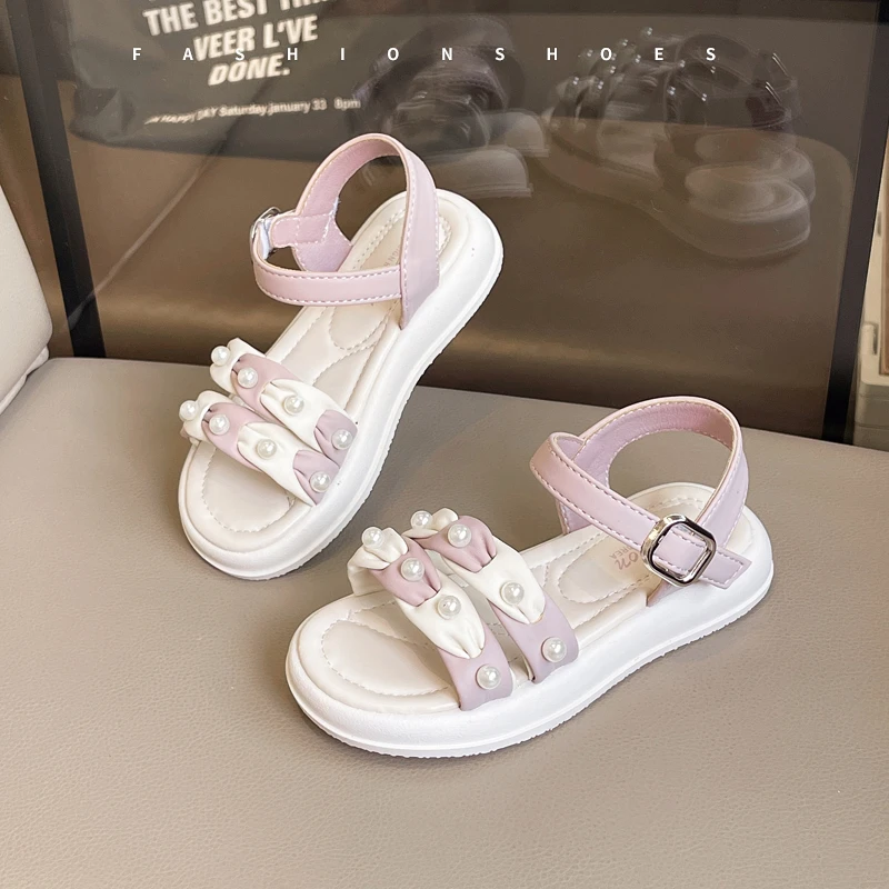 

Girls Sandals Summer 2025 New Pleated Non-slip Children Fashion Open-toe Sandals Soft Bottom Versatile Kids Causal Beach Shoes