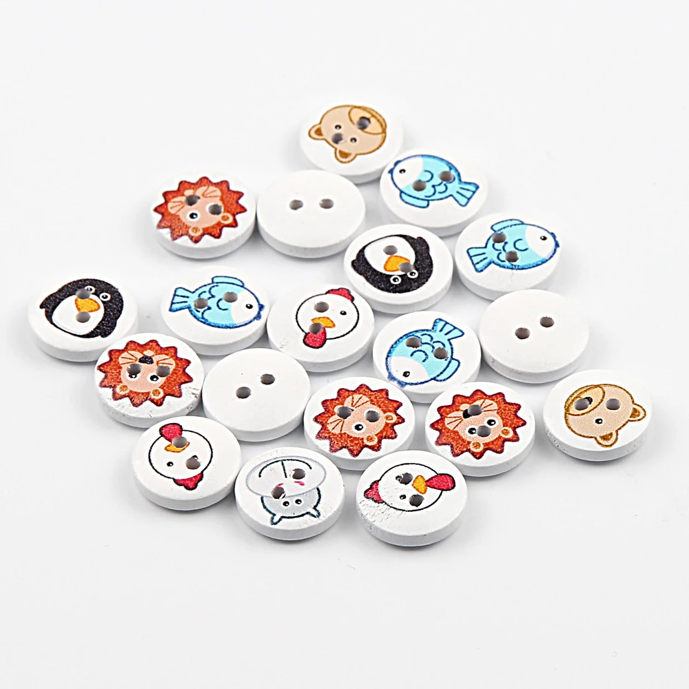 50pcs 15mm Cartoon Animal Buttons Round Wooden Sewing Buttons For Kid Clothing Decoration DIY Needlework Accessories