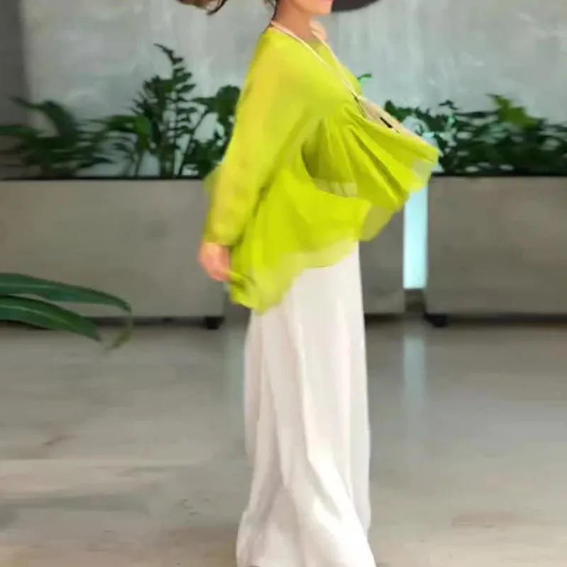 

Элегантный пуловер с круглым вырезом и широкими брюками, комплект повседневного однотонного свободного женского наряда с длинными рукавами, модные одинаковые костюмы с рюшами