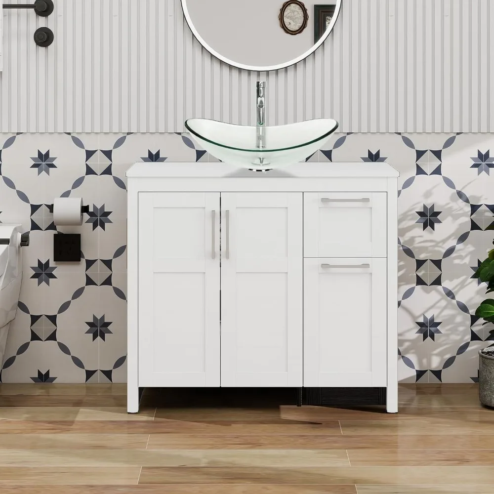 36 Inch White Bathroom Vanity with Clear Glass Vessel Sink