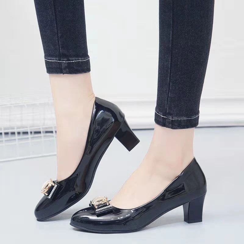 Women Dress Shoes Patent Leather Mid Heel Pumps Fashion Shoes Pointed Toe Slip on Office Ladies Shoes Zapatos Black Women Shoes