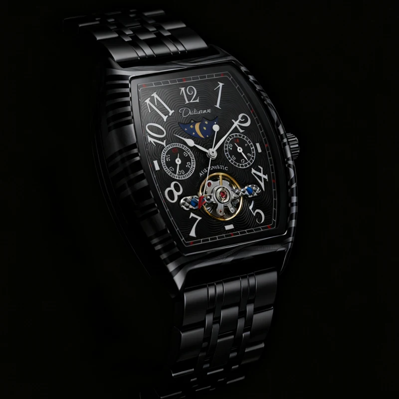 Black Steel Tourbillon Mens Watches Top Brand Luxury Automatic Mechanical Men Wrist Watch Sports Waterproof Male Clock Relogio