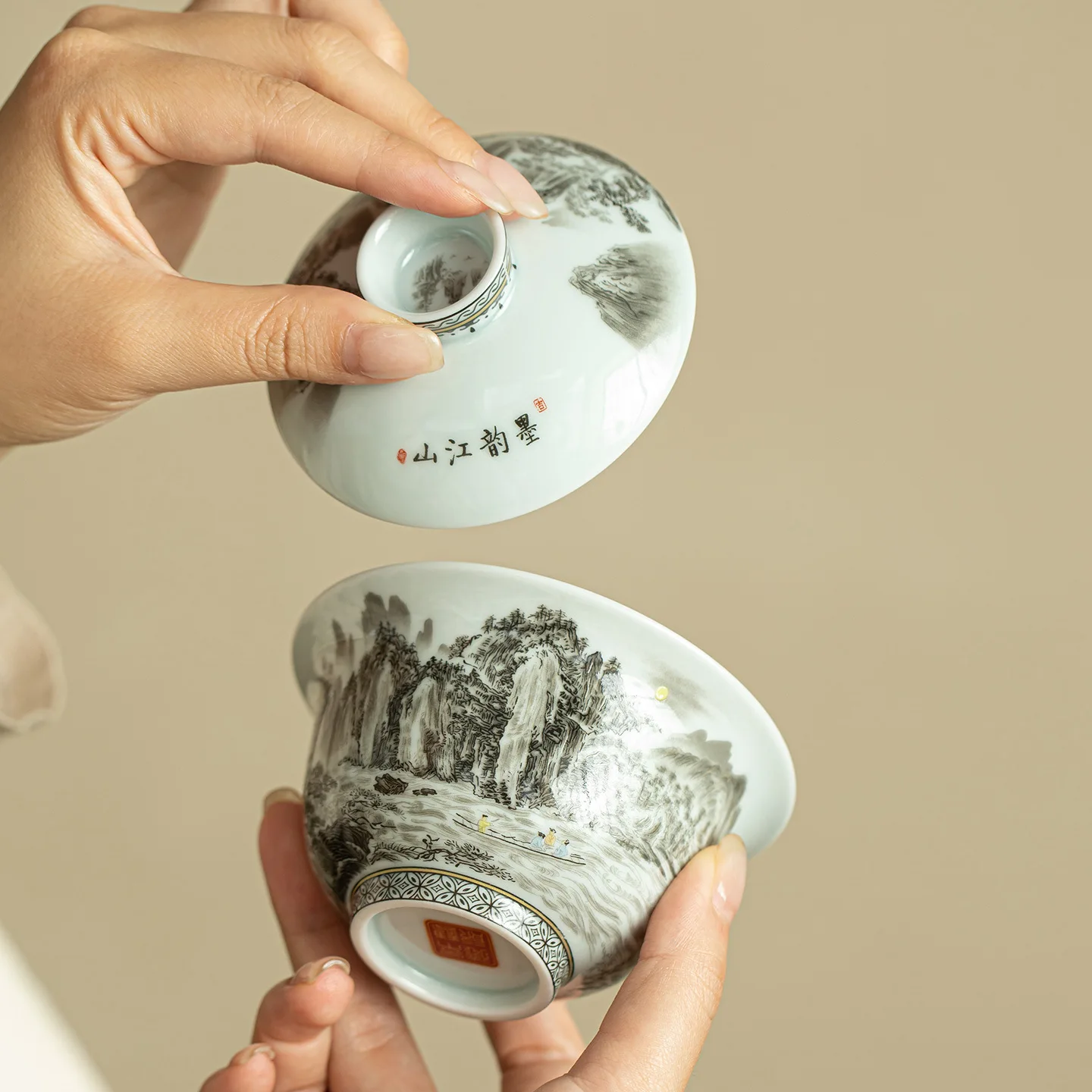 160ml Chinese Traditional Ceramic Gaiwan Handmade Landscape Tea Bowl Teacup Household Teaware Porcelain Tea Set Accessories