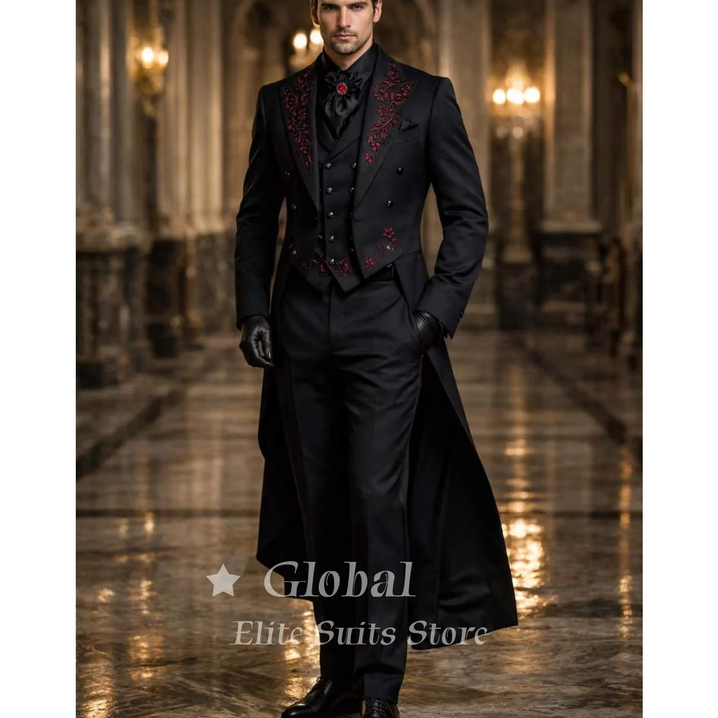 Black Tailcoat Tuxedo 3-Piece Suit Red Floral Embroidery Double-Breasted Vest Groom Wedding Prom Blazers Homme Customized