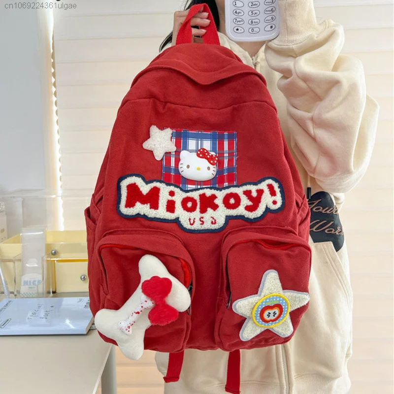 Sanrio Hello Kitty New Trend Bags Red Washed Canvas Backpacks Cartoon Korean Style Schoolbag Large Capacity Shoulder Bag Women