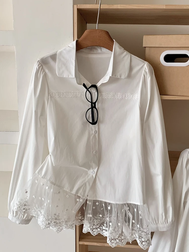 Spring Women Old Money Shoujo Girl Fake Two Pieces Shirts Korean Fashion Lace Patchwork Blouses Design Vintage 2000s Aesthetic