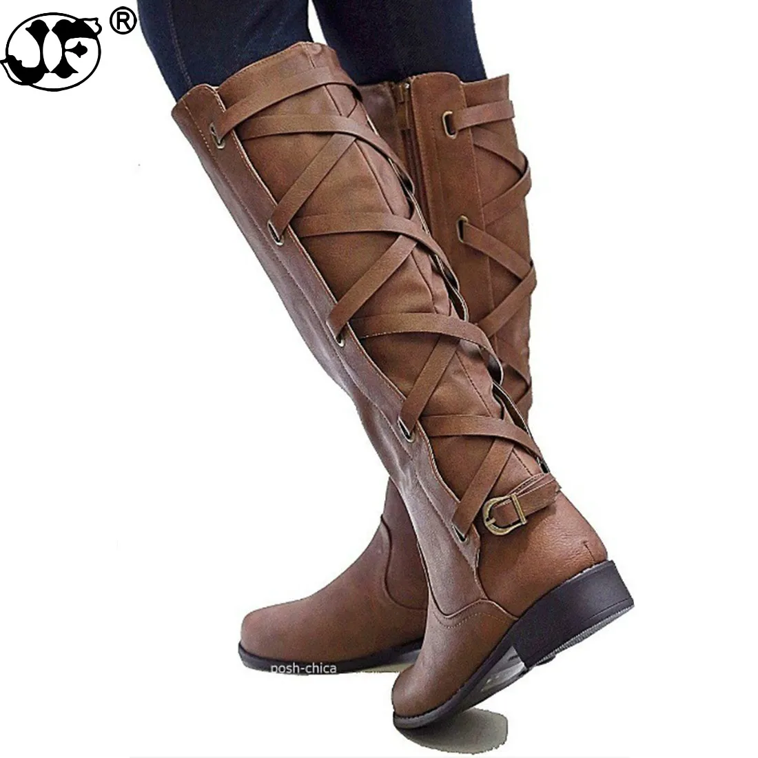 

Big Size 35-43 Knee High Women Boots Zipper Motorcycle Boots Low Heels Buckle Cross Tie Platform Shoes Winter Riding Bootsiio90