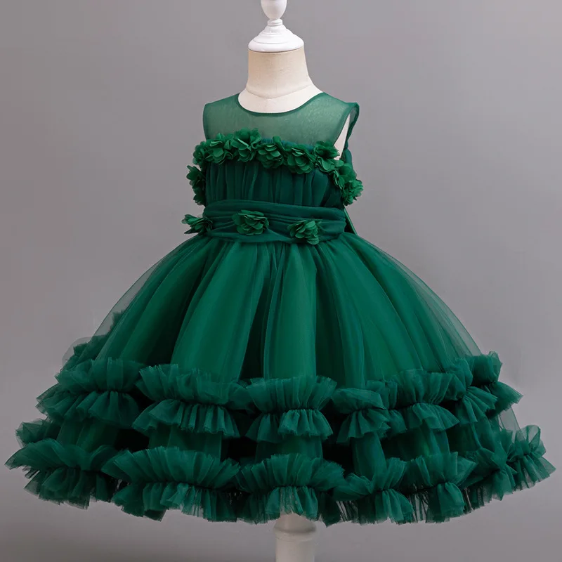 

Summer New Girls' Solid Color Sleeveless Vest Cake Skirt Flower Mesh Dress Flower Girl Fluffy Dress