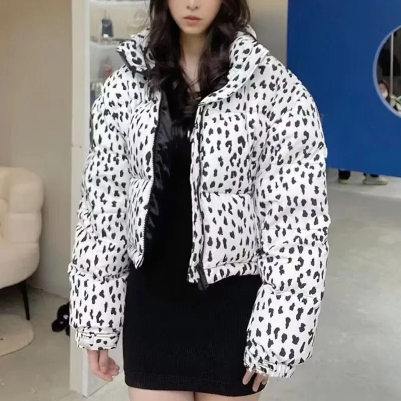 2024 Autumn Winter Women Leopard Print Parkas Long Sleeve Padded Coats Female Cotton Jackets Lady Stand Collar Zipper Outerwear