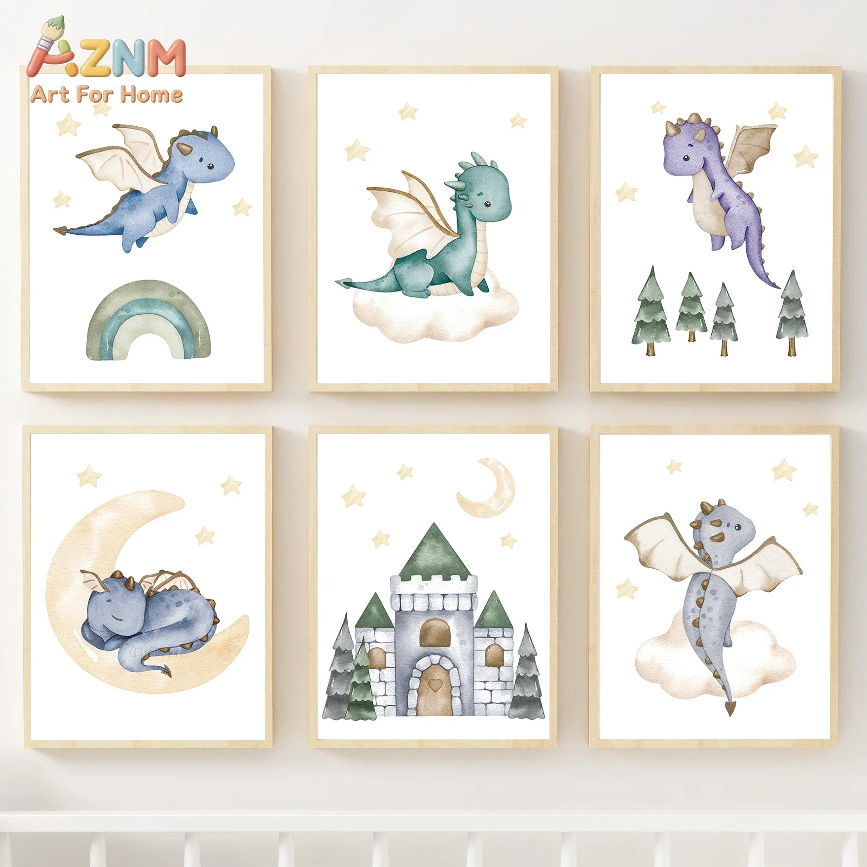 AZNM Watercolor Cute Dragon Canvas Wall Art Print, Castle Moon Star Rainbow Cloud Dinosaur Cartoon Kids Baby Nursery Bedroom Dec