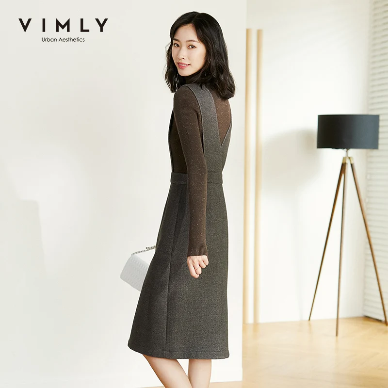 Vimly Winter Dresses For Women Fashion Solid High Wasit Sleeveless Buttons Strap Dress Elegant Female Knee-Length Vestidos F3871