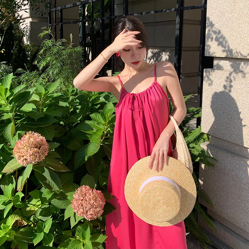 Hot Pink Beach Dress Summer Fairy Backless Seaside Holiday Spaghetti Strap Dress Chic French Loose Long Maxi Dress