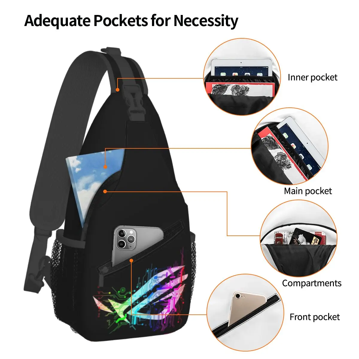 Asus Rog Chest Bag Men Sling Crossbody Backpack Chest Bag Travel Hiking Daypack Shoulder Bag