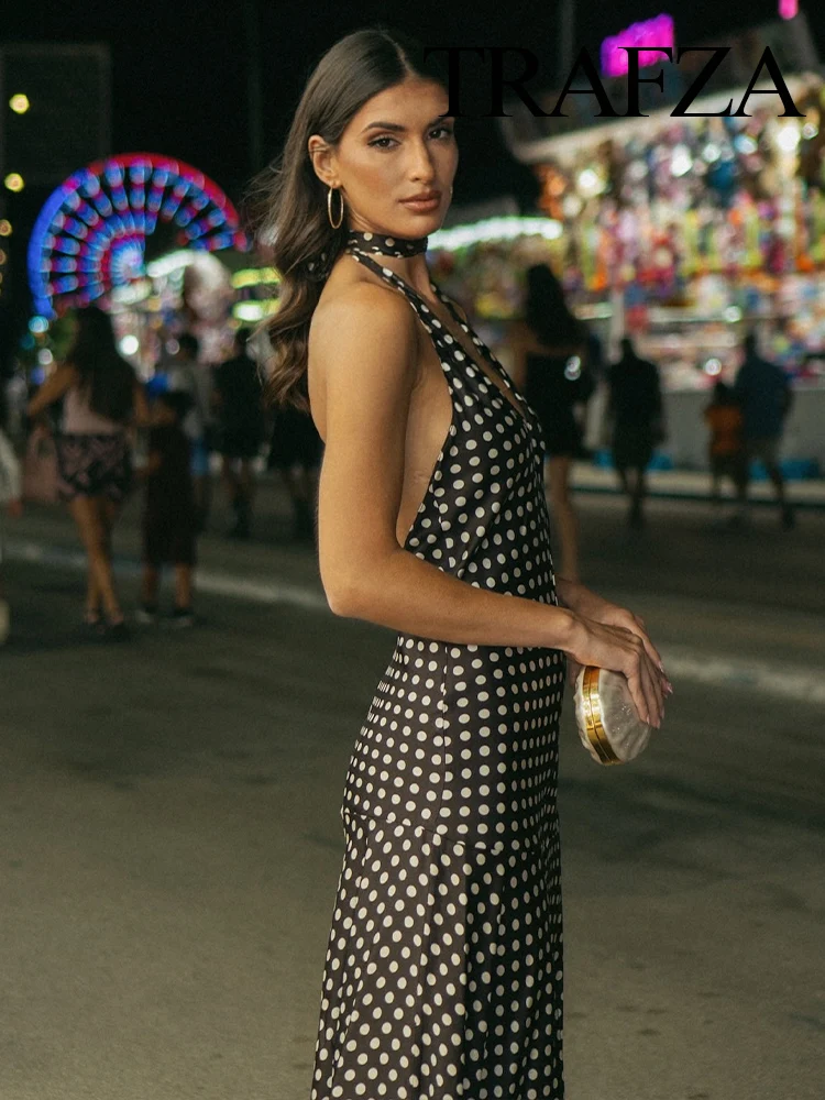 

HH Women's Fashion Vintage Halter Neck Lace Up Polka Dot Print Midi Dress Female Sexy Backless Slim Party Outfit Long Dress