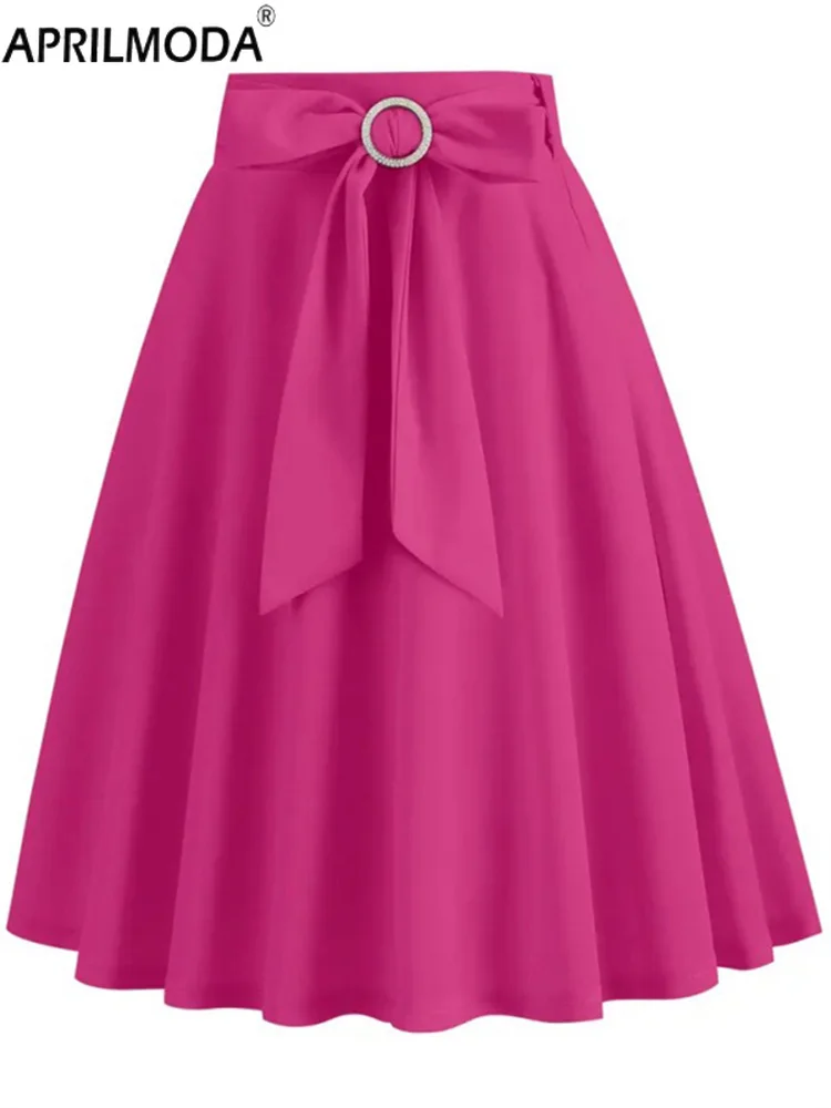 Fashion Solid Swing Midi Vintage Casual Skirt with Bow 2025 Pink Black Purple Midi Long A Line Pinup 50s Style Rockabilly Skirts