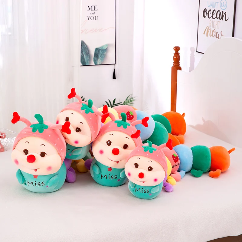Super Soft Caterpillar Stuffed Doll Colorful Segmented Body Plush Long Pillow Cute Strawberry Children Bed Sofa Cushion Gift