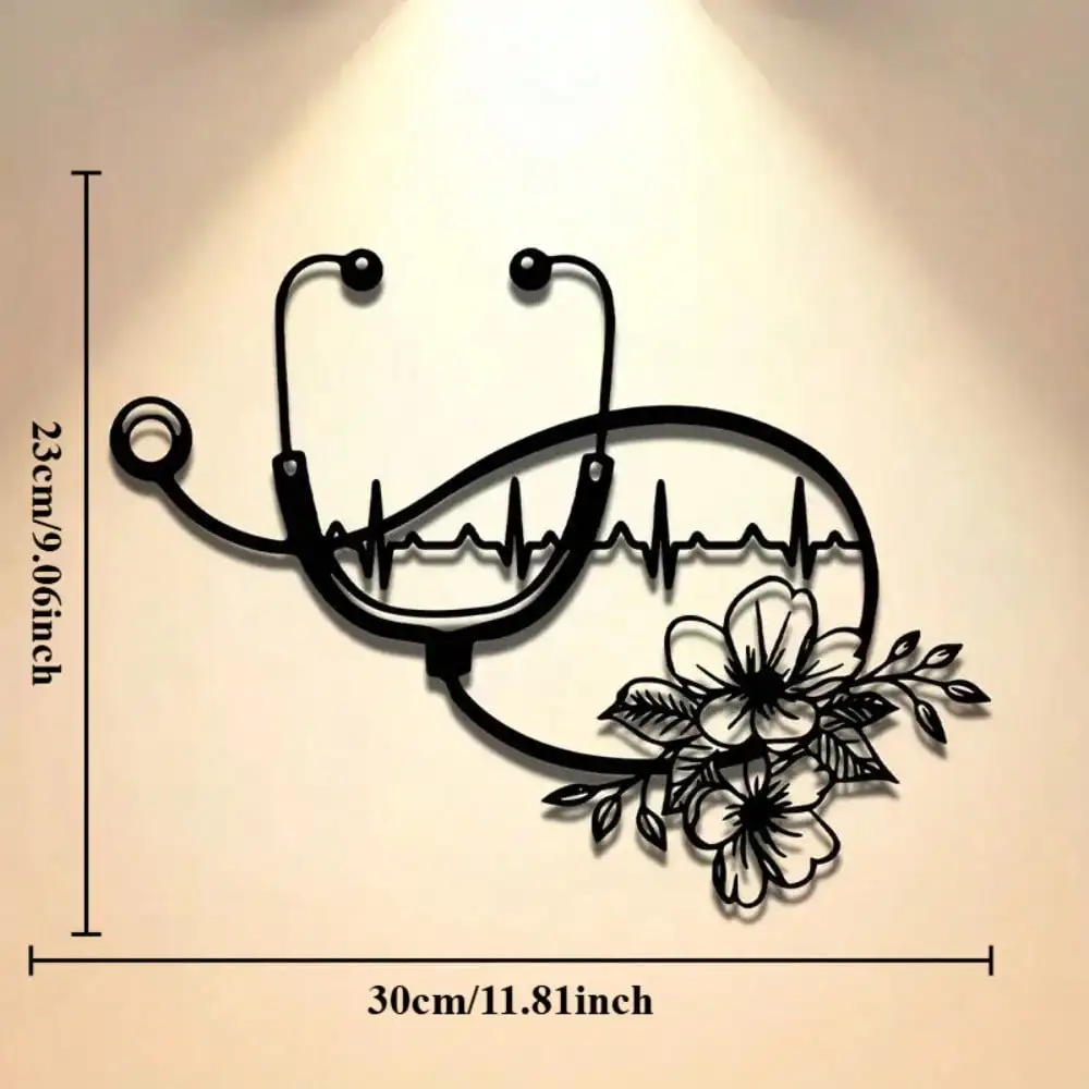 Metal Flowers Stethoscope Wall Art, ECG Line Heartbeat Decor with Black Iron Sculpture for Home Office Nurse Gift