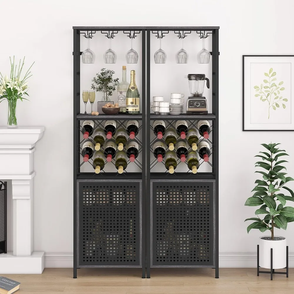 O & K FURNITURE-Armoire à vin T1 autoportante, française ou avec porte-verre, cave à vin avec étagère réglable pour le salon