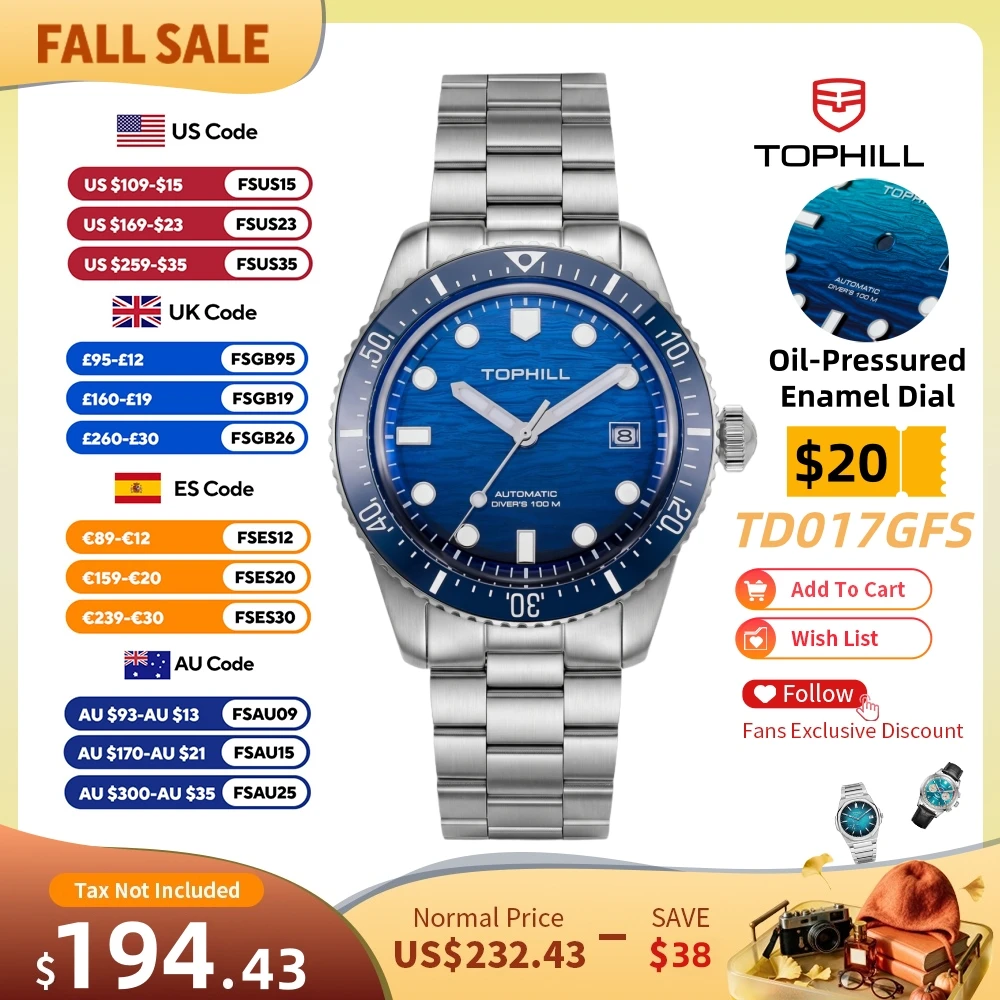 TOPHILL Automatic Mechanical Watch 39.5mm Miyota 8215 Swimming See-Through Caseback C3 Lume Ocean Wave Dial 3H Date10Bar TD017G