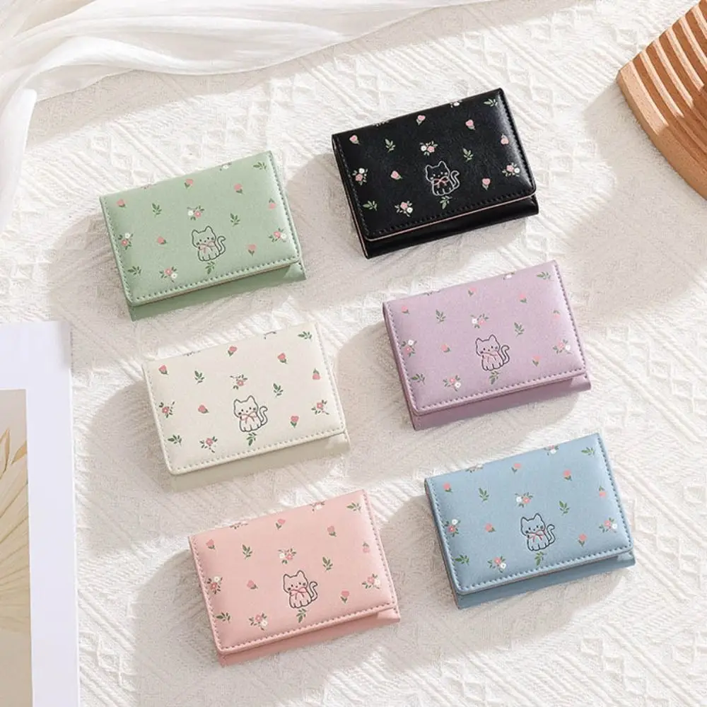 INS Style Women Fashion Wallet Cute Cat Short Wallet PU Leather Flowers Pattern Coin Purse Tri-fold Girls Card Holder Gifts