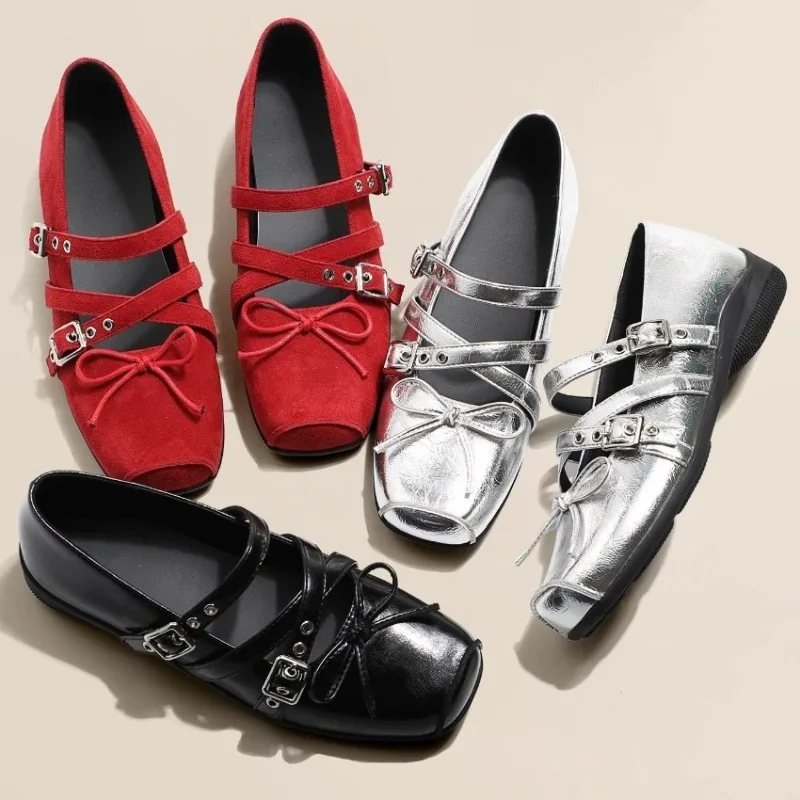 

New Womens Flats Shoes Fashion Mary Jane Shoes Designer Bow Ballet Shoes for Women Square Head Leather Single Shoe Zapatos Mujer