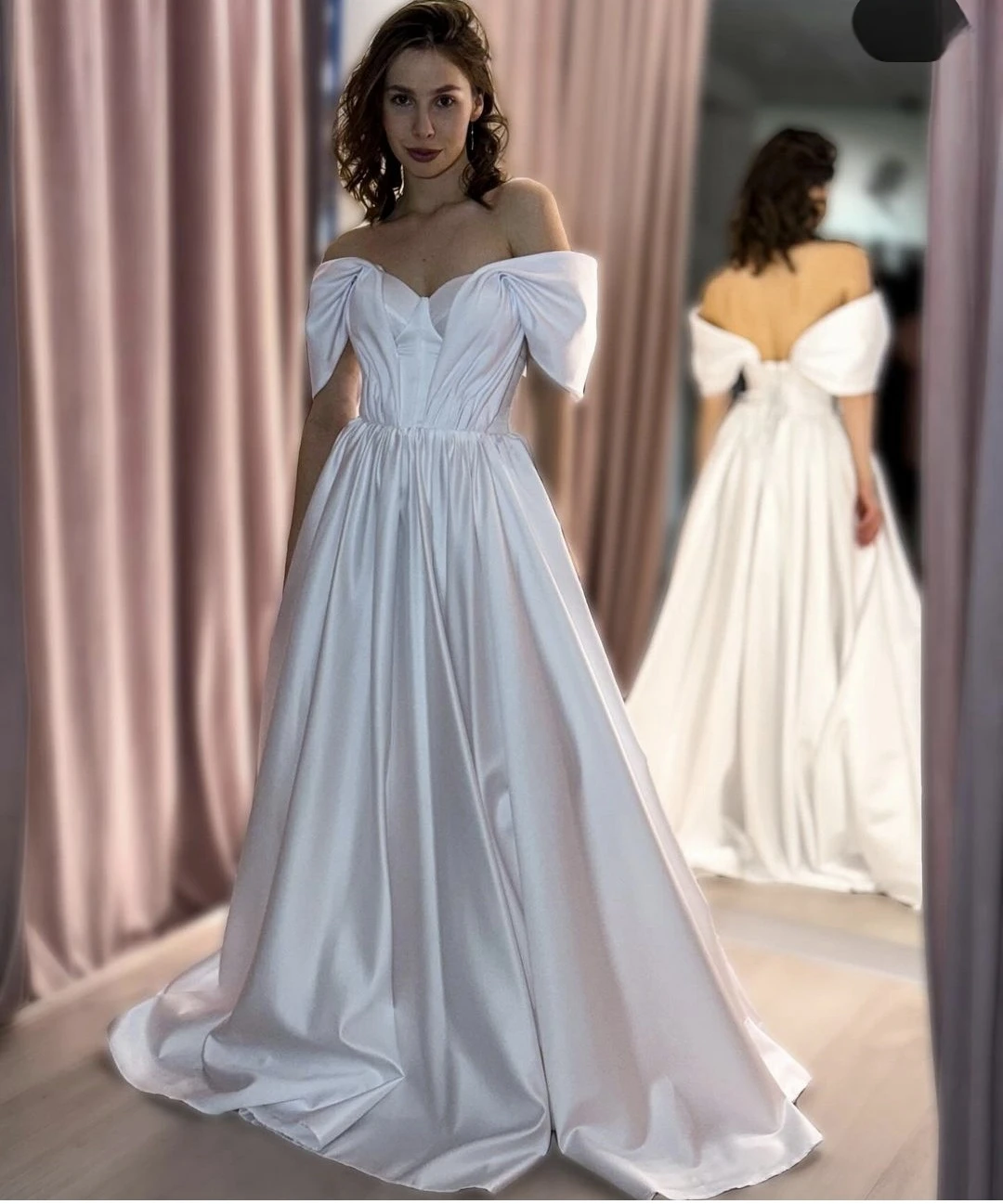 

Elegant Satin Wedding Dress Sweetheart Off The Shoulder A-Line Floor Length Pleat Bridal Gowns Zipper Back Customize To Measures