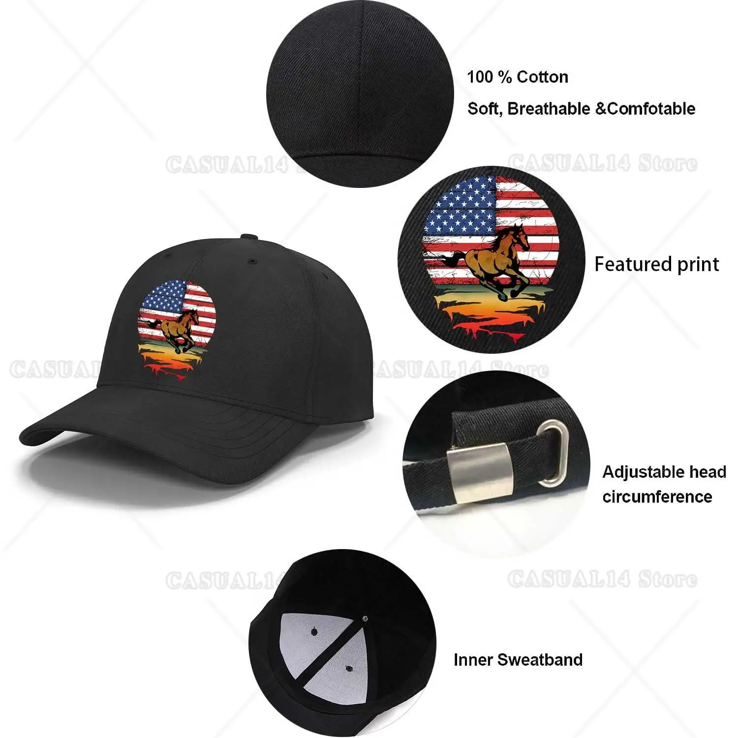 Berretto da baseball con bandiera americana cavallo Cappello da papà regolabile Cappello in cotone non strutturato Cappello semplice regolabile classico