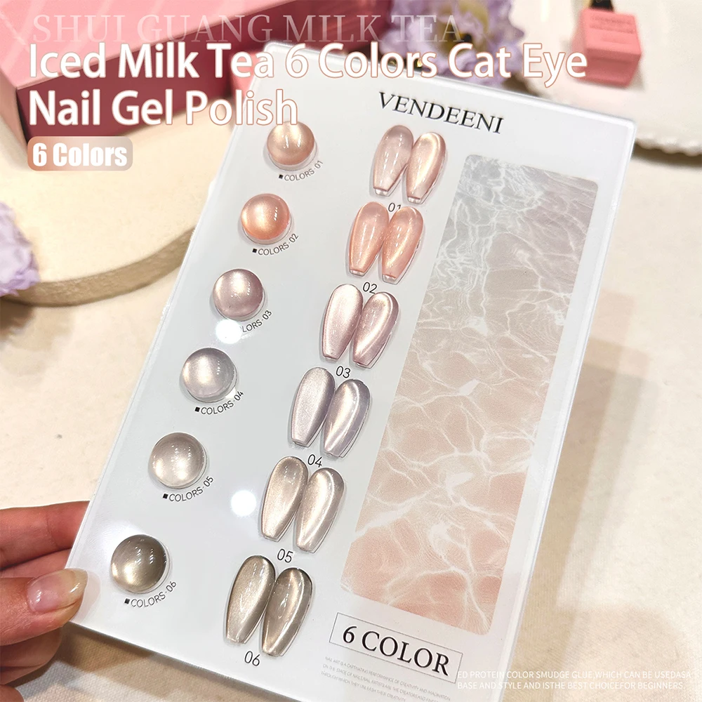 Vendeeni 6 Kolorów/Zestaw Kryształowy Lakier Hybrydowy do Paznokci Efekt Kociego Oka Półtrwały Błyszczący Magnetyczny UV LED Soak Off z Ekspozytorem