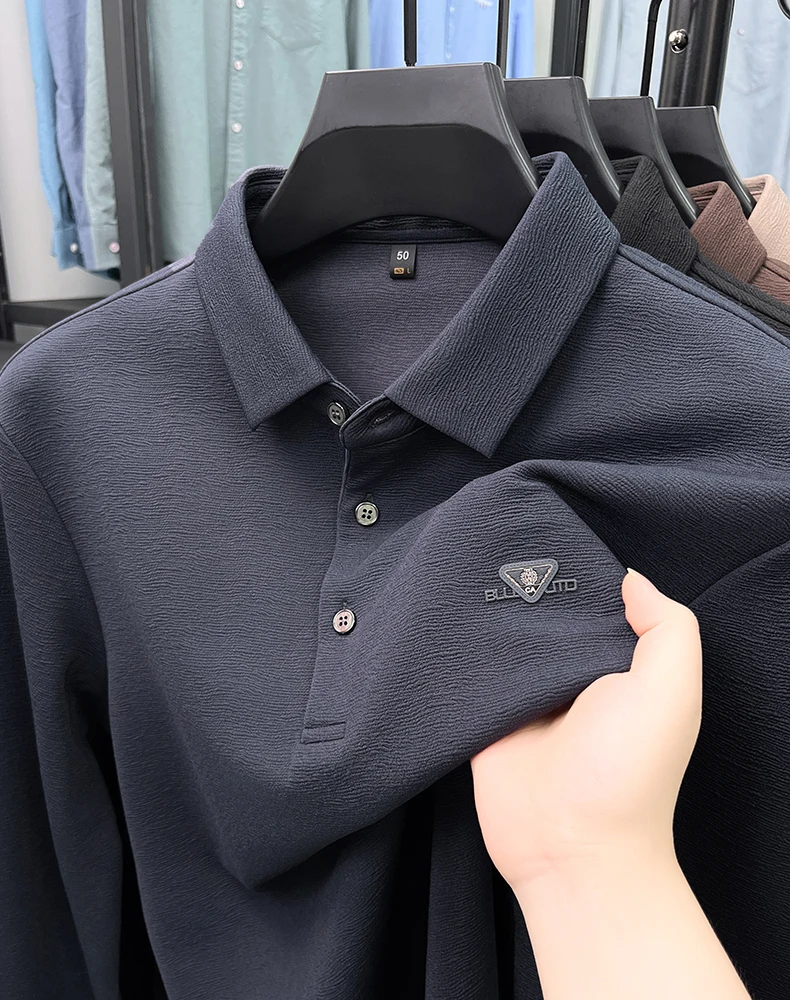 Personality texture long sleeve polo shirt men trendy brand emboss high-end casual fashion comfort breathable spring new T-shirt