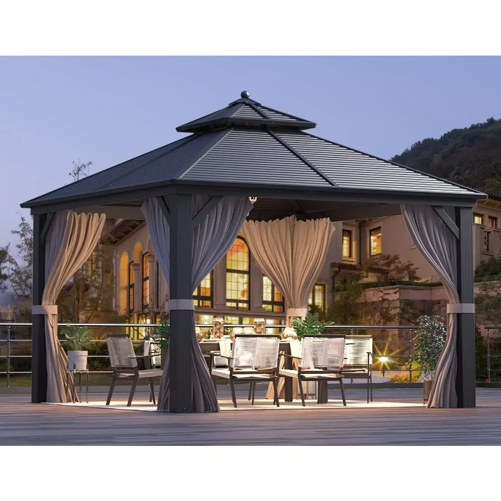 12' x 12' Gazebo, Galvanized Steel Double Roof Outdoor Gazebo, Aluminum Frame Metal with Netting Curtains for Patios, Gardens