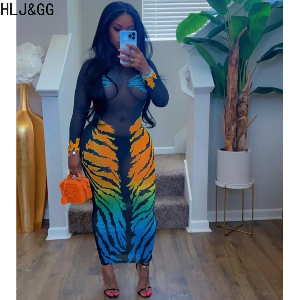 HLJ&GG Sexy Tiger Print Mesh Perspective Bodycon Mid Dresses Women Round Neck Long Sleeve Slim Vestidos Fashion Streetwear 2024